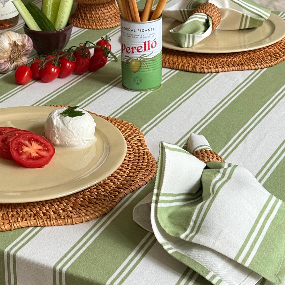 Murano Stripe Organic Ruffled Cotton Tablecloth - Oliva Verde