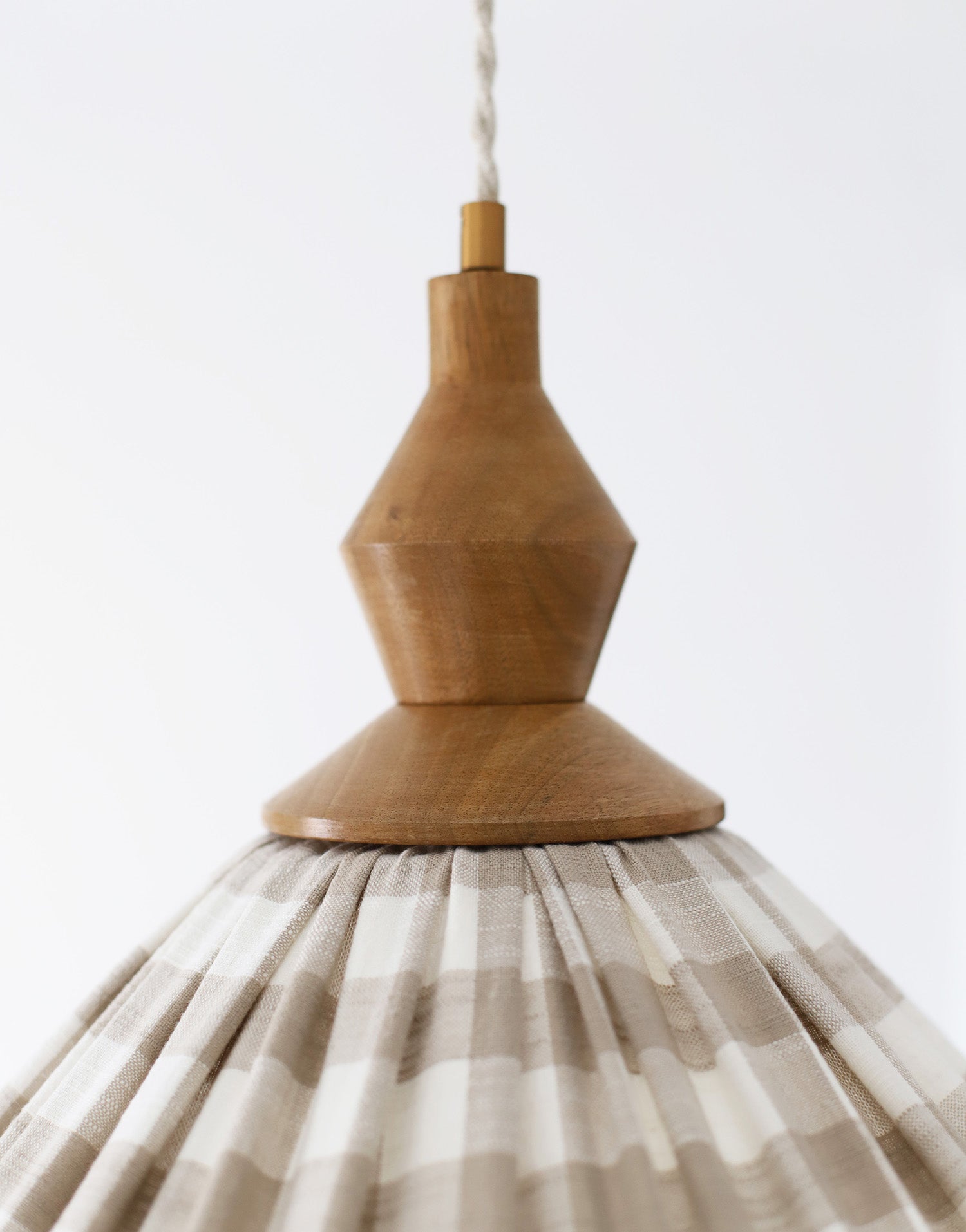 Olga Pleated Pendant Light in Beige Check Fabric with Turned Wood Finish