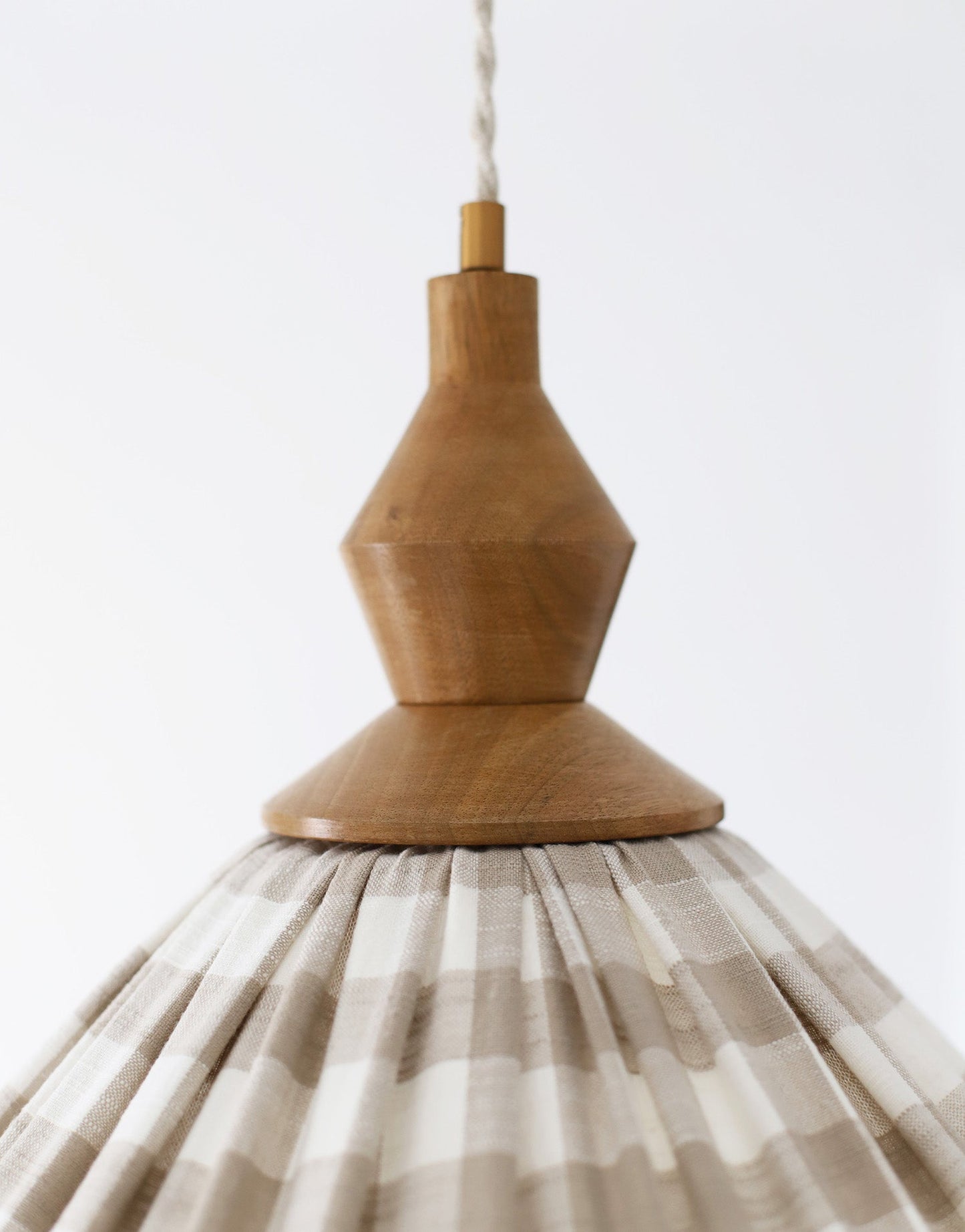 Olga Pleated Pendant Light in Beige Check Fabric with Turned Wood Finish