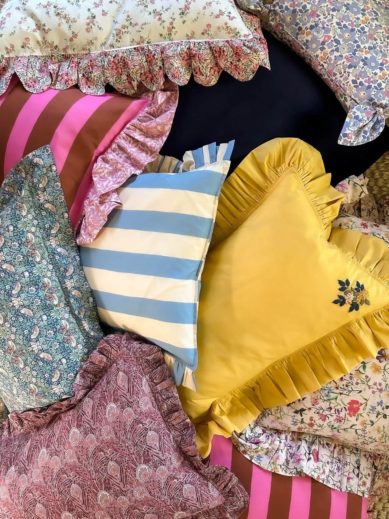 Embroidered Ruffle Cushion made with Linen Liberty Fabric TURMERIC