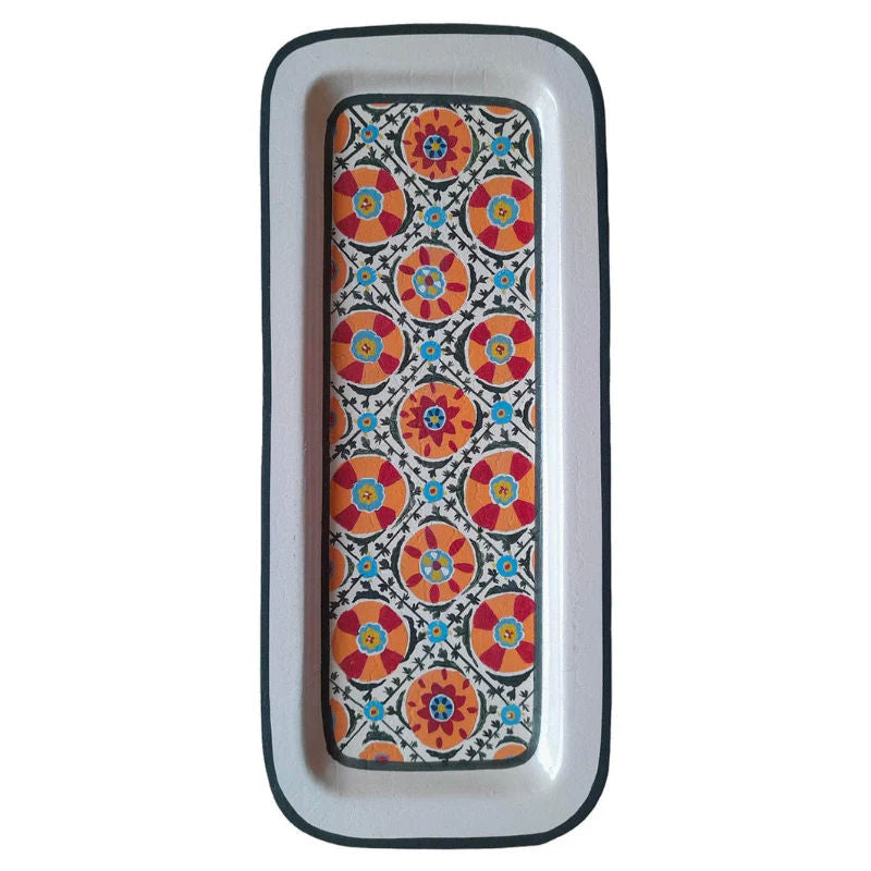 Ikat Hand-Painted Iron Tray - Rectangular White