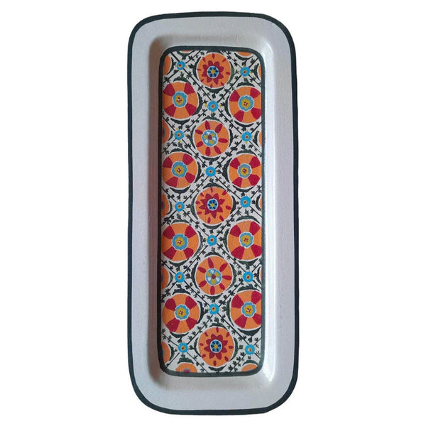 Ikat Hand-Painted Iron Tray - Rectangular White