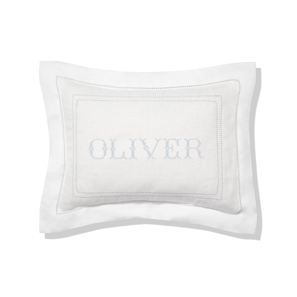 Personalised Boudoir Pillow with Hemstitch in Chambray Blue