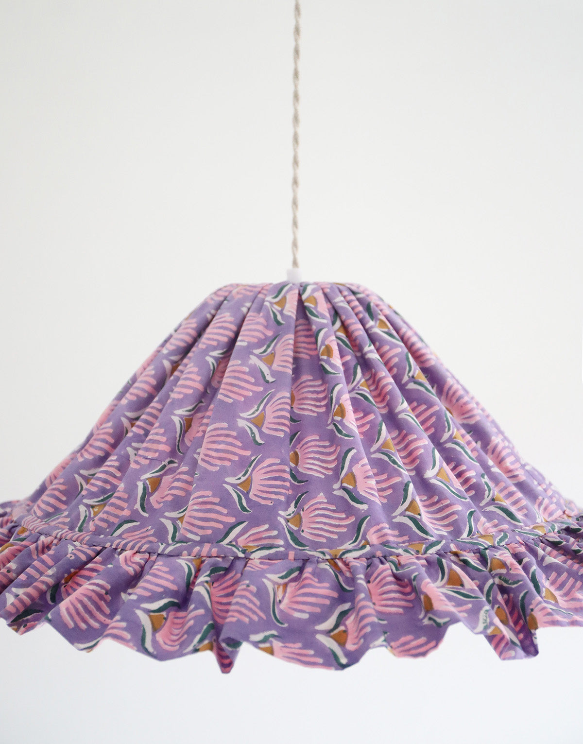 Conical Pendant Light with Emilia Ruffle “Purple Shell Flowers”