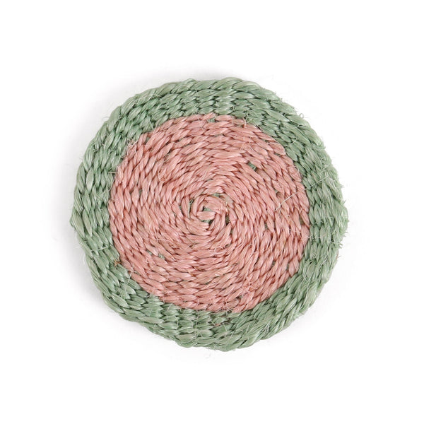 ZAMBARAU: Dusty Pink and Sapling Green Woven Sisal Circular Coaster