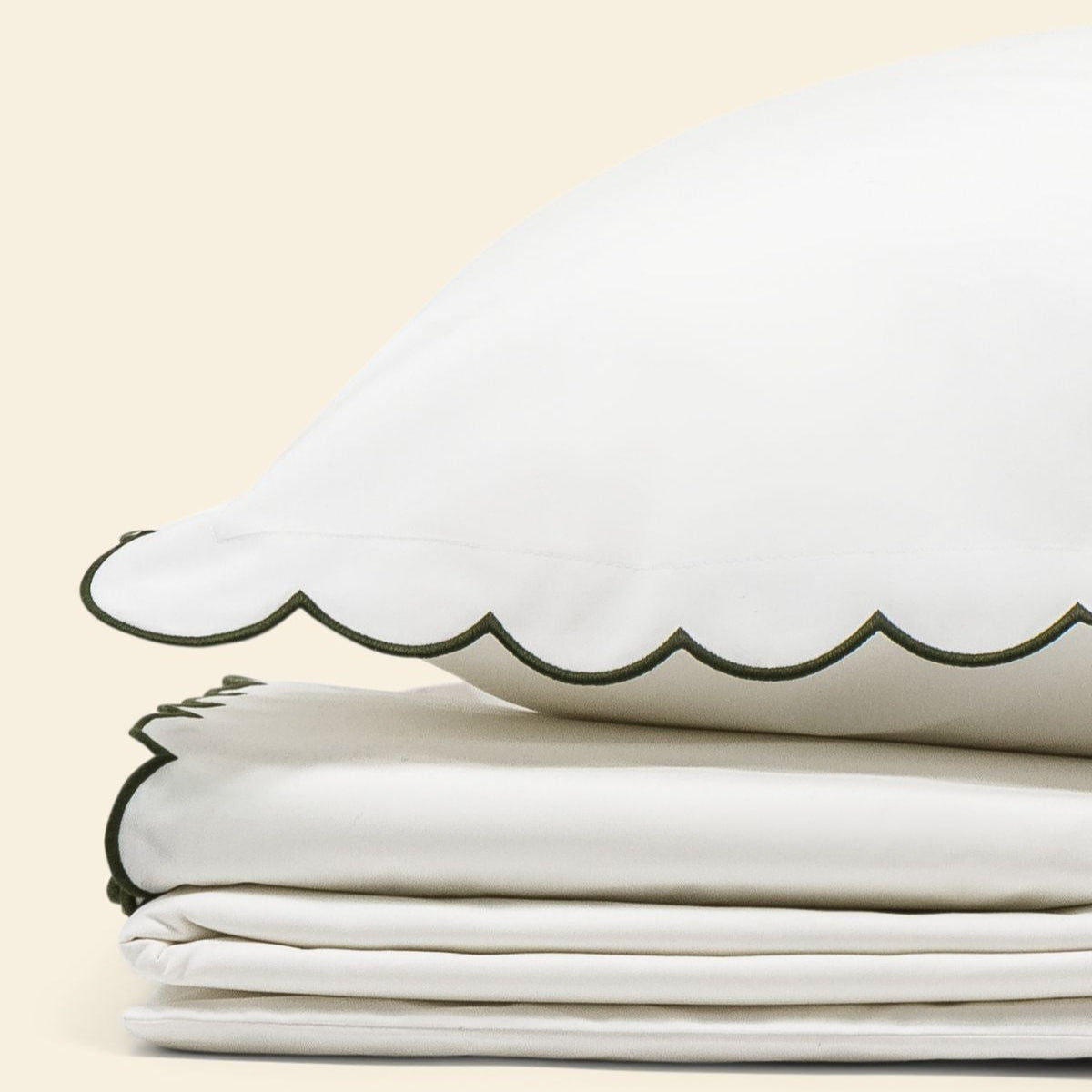The Scalloped Bedding Set in White and Forest Green Cotton Percale