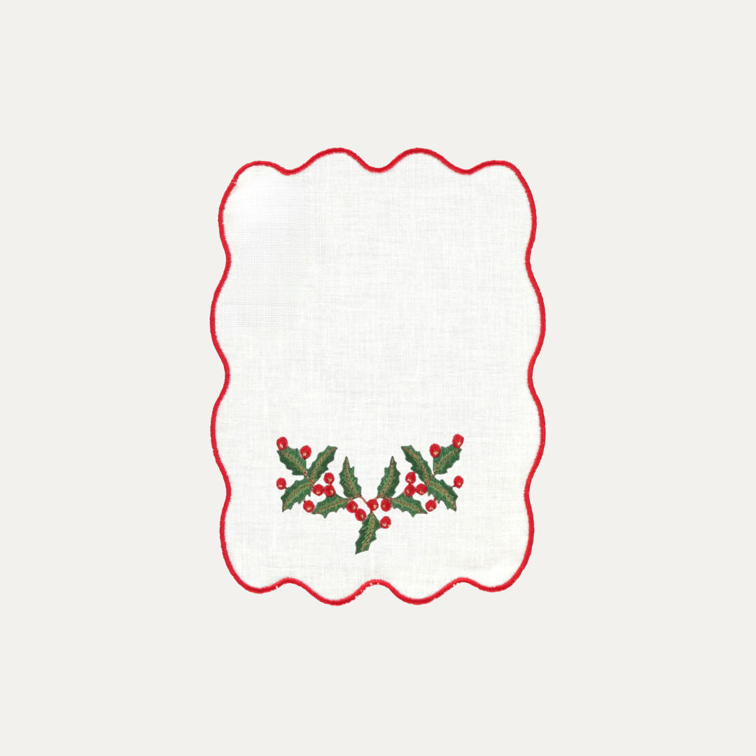 White Palm Cocktail Napkin, Christmas Holly