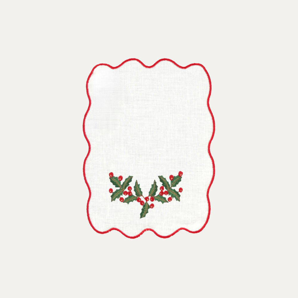 White Palm Cocktail Napkin, Christmas Holly