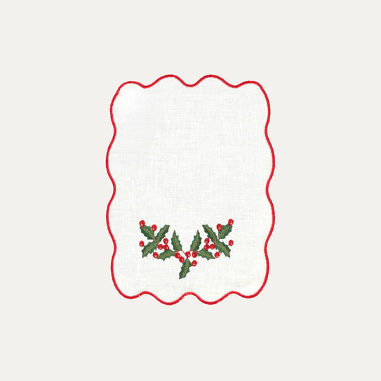 White Palm Cocktail Napkin, Christmas Holly