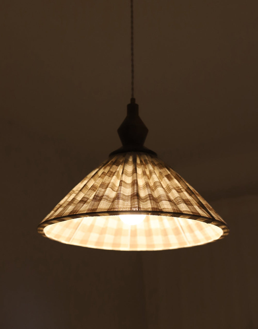 Olga Pleated Pendant Light in Beige Check Fabric with Turned Wood Finish