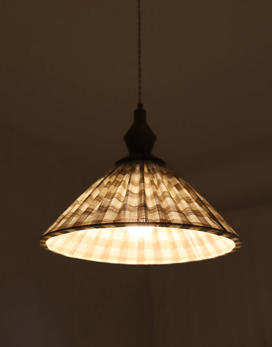 Olga Pleated Pendant Light in Beige Check Fabric with Turned Wood Finish