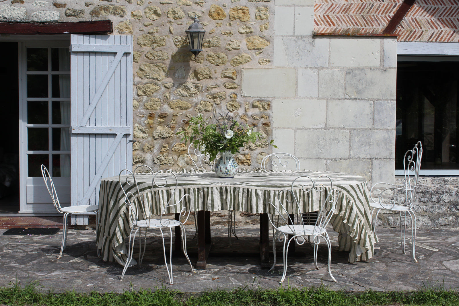 Olive & Ivory Thin Stripe Tablecloth Extra Long