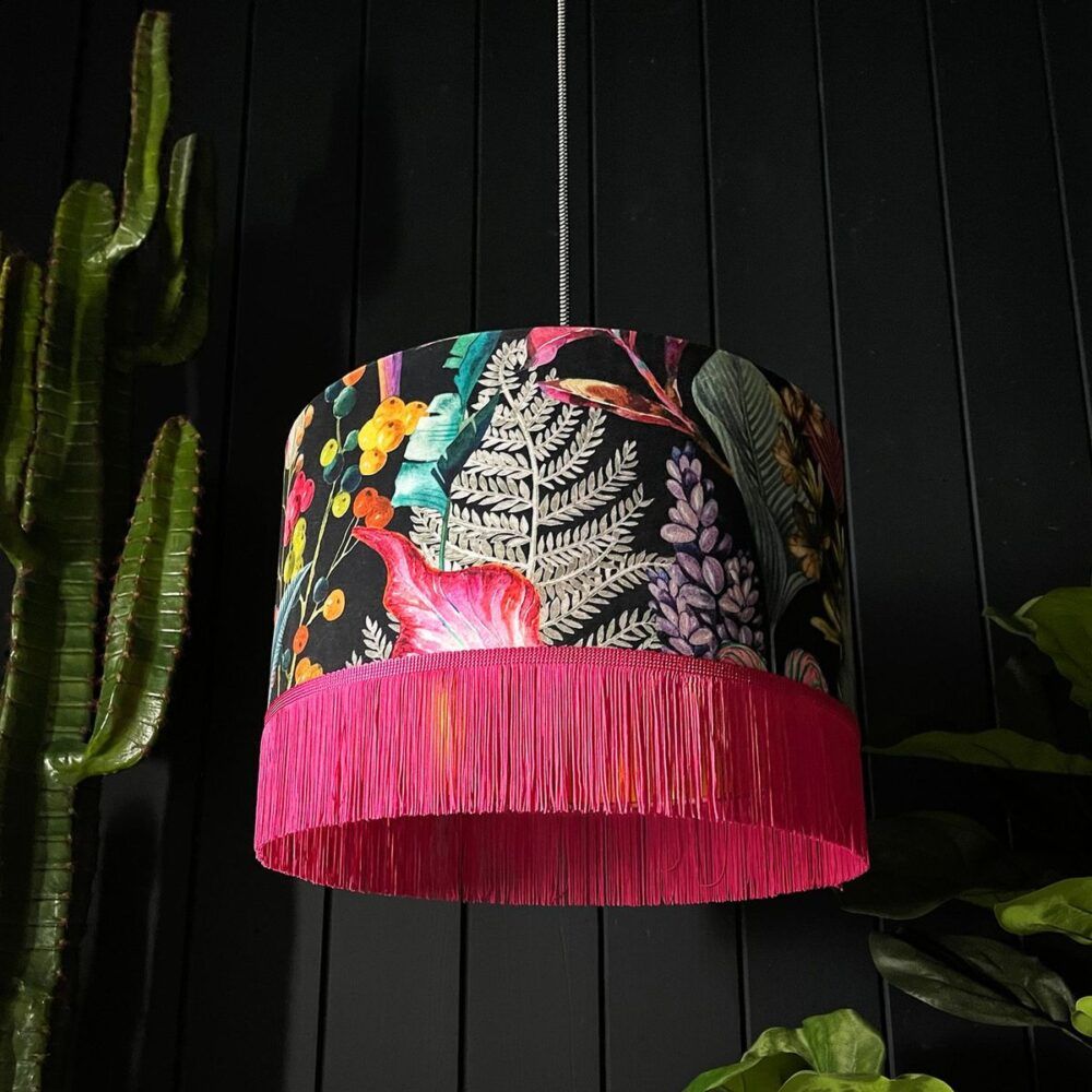 Acid Jungle Lampshade With Gold Lining and Hot Pink Fringing