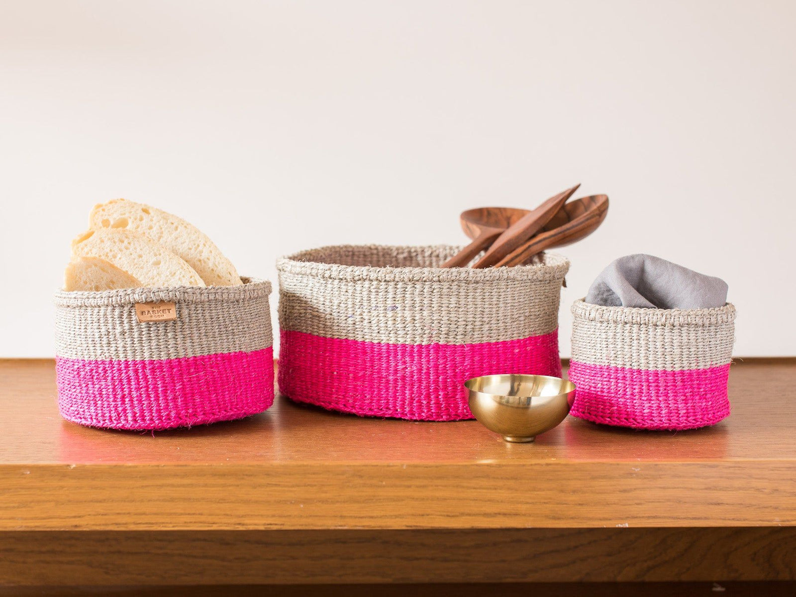 MALIZA: Grey & Neon Pink Colour Block Woven Basket