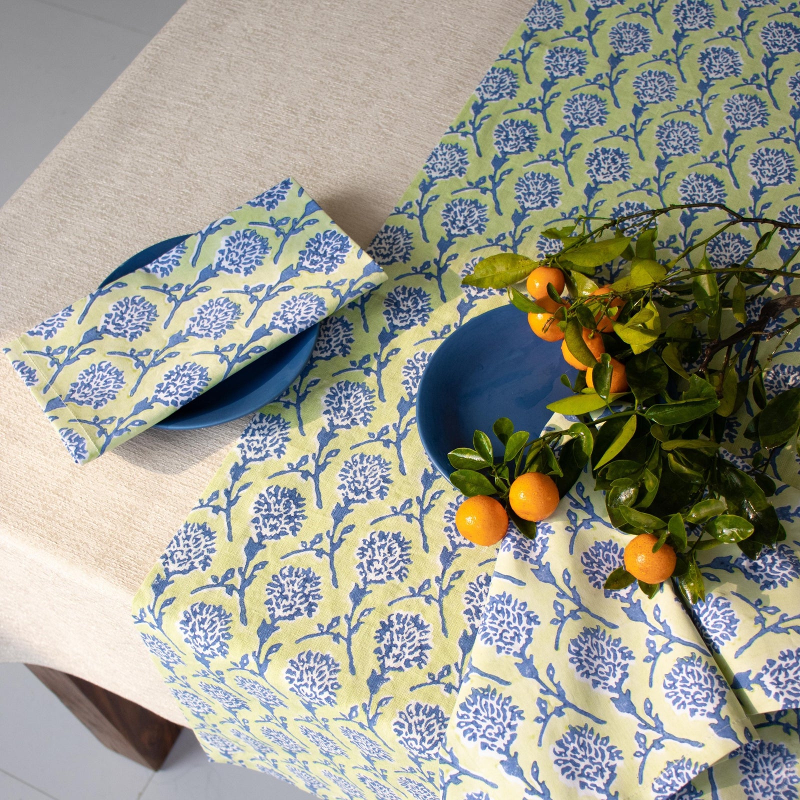 Nikhar Pure Linen Hand-Printed Table Runner - Lily Green