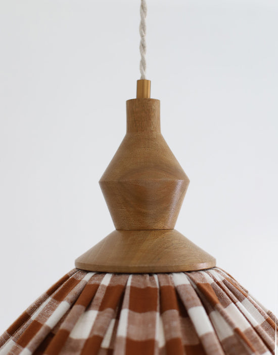 Olga Pleated Pendant Light in Terracotta Check Fabric with Turned Wood Finish