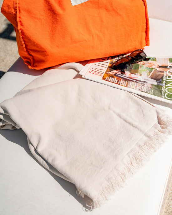 Cotton Beach Towel with Frayed Edge - Beige