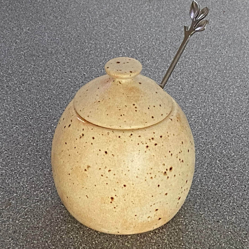Sugar Bowl, Jam Pot, with Leafy Spoon Oatmeal Glaze
