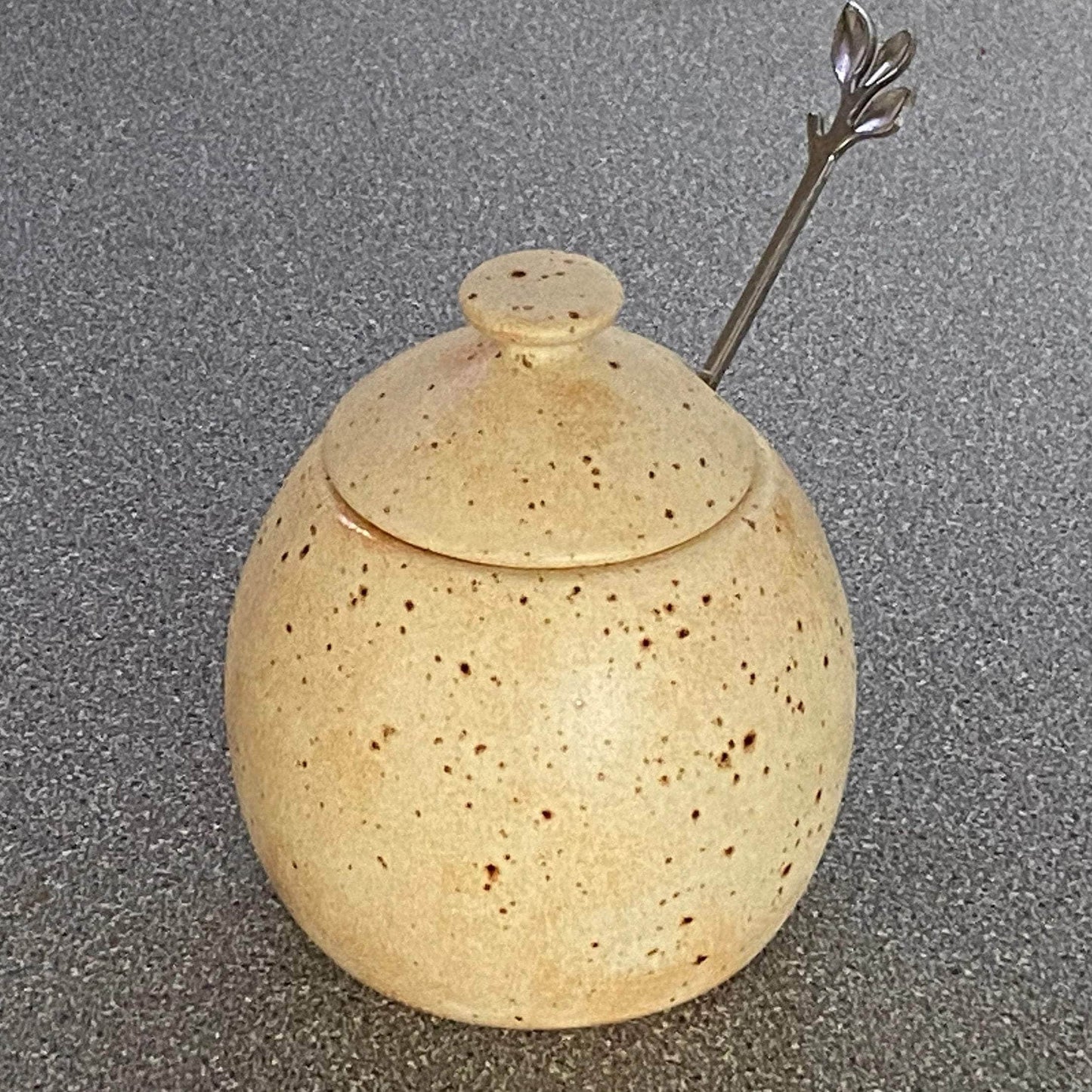 Sugar Bowl, Jam Pot, with Leafy Spoon Oatmeal Glaze