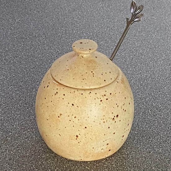 Sugar Bowl, Jam Pot, with Leafy Spoon Oatmeal Glaze