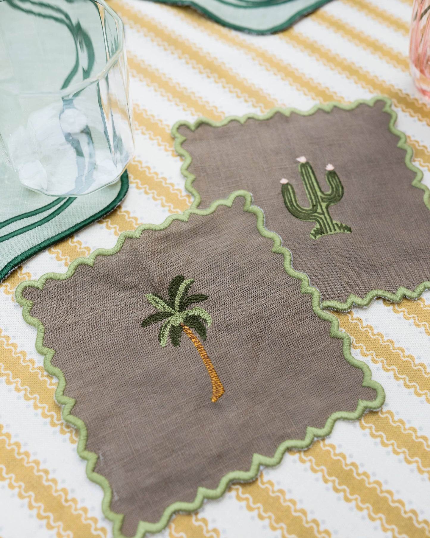 Scalloped Brown Cocktail Napkin with Palm Tree