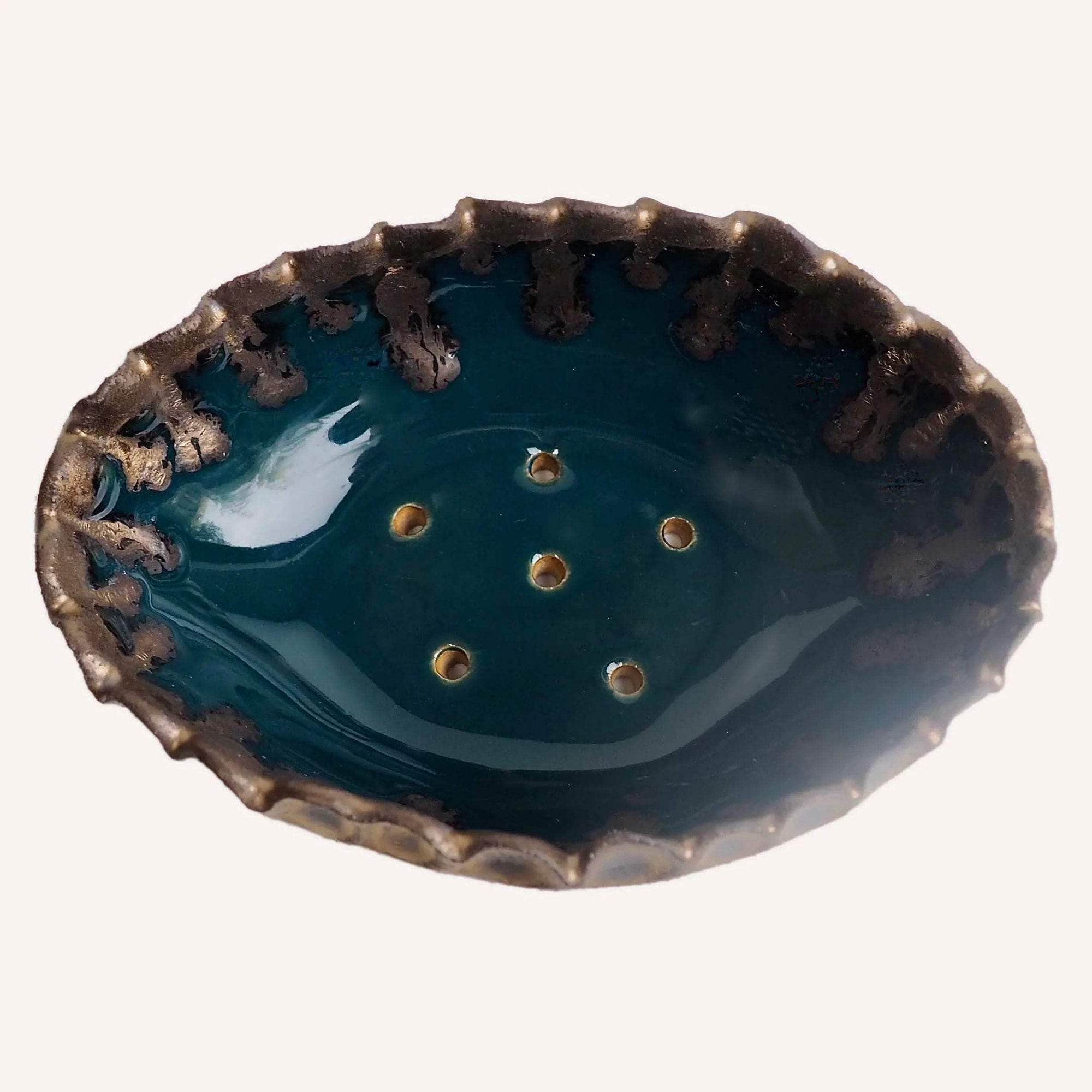 Handmade Teal Blue And Gold Oval Ceramic Soap Dish With Scalloped Top Edge