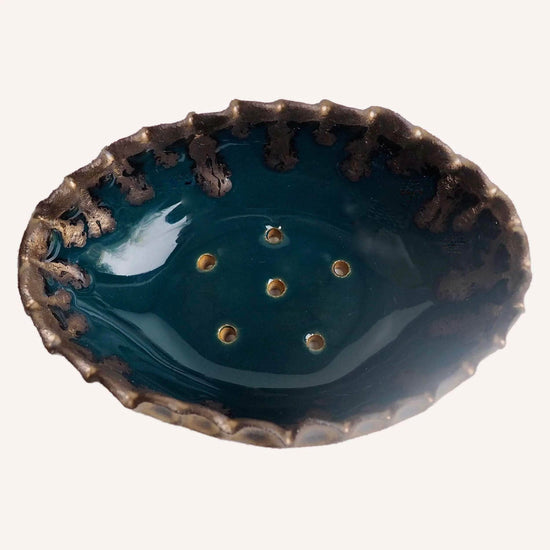 Handmade Teal Blue And Gold Oval Ceramic Soap Dish With Scalloped Top Edge
