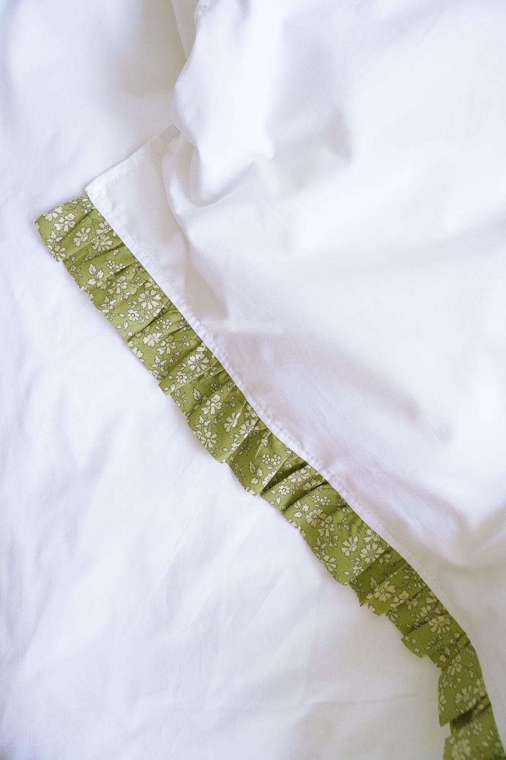 Frill-Edge White Duvet Set made with Liberty Fabric CAPEL PISTACHIO