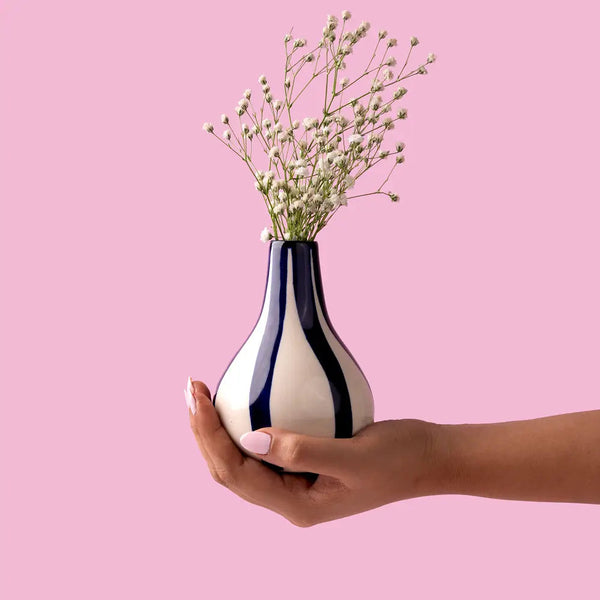 Ceramic Stripe Bud Vase, 3.5 x 3.5 x 4.75 Inches-  Blue , Set of 2