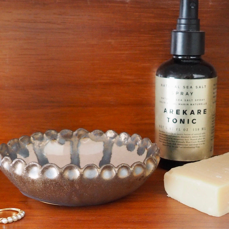 Handmade Pink and Gold Oval Ceramic Soap Dish with Scalloped Top Edge