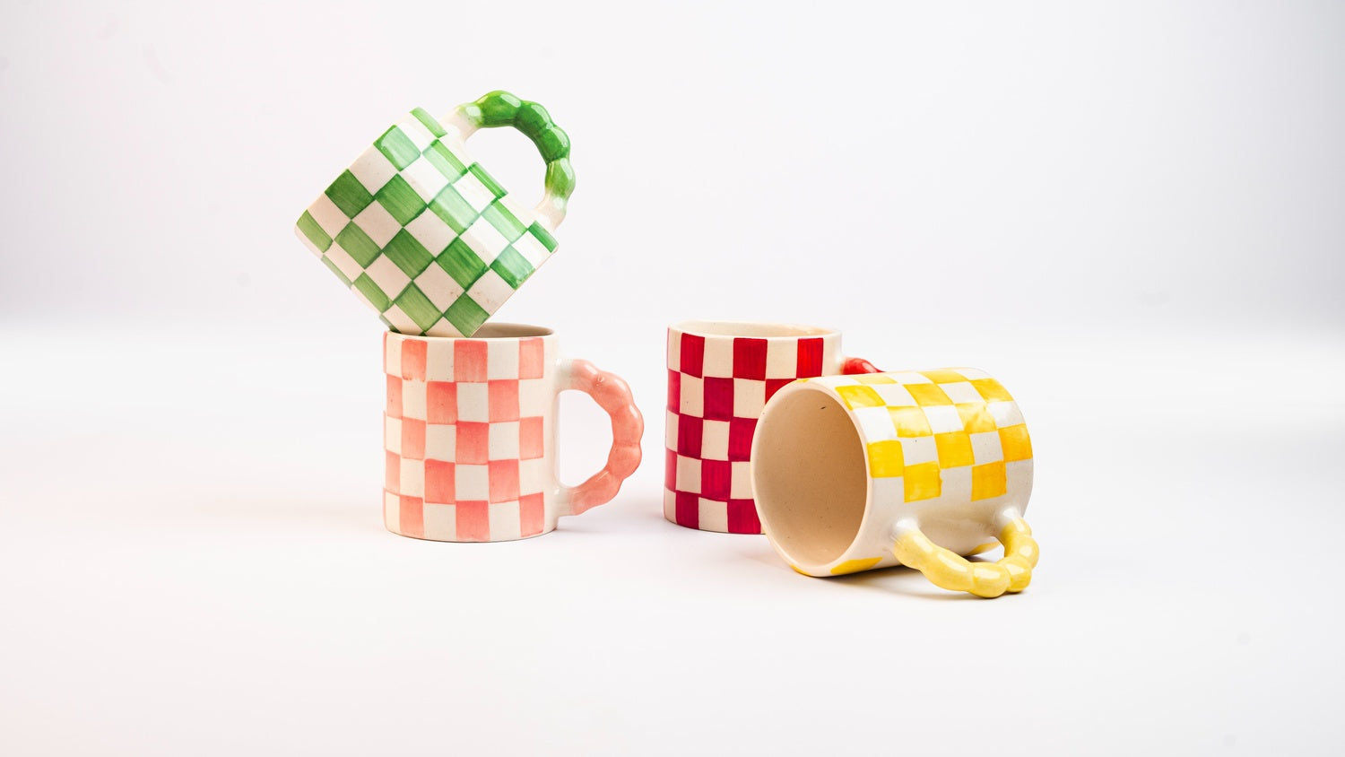 Green Checkered Ceramic Mug, 3x3x3.5 Inches (Set of 2)