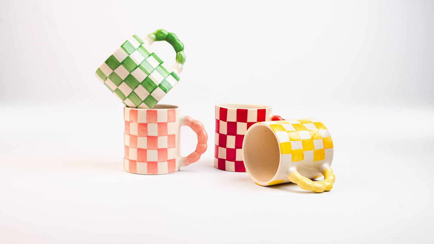 Green Checkered Ceramic Mug, 3x3x3.5 Inches (Set of 2)