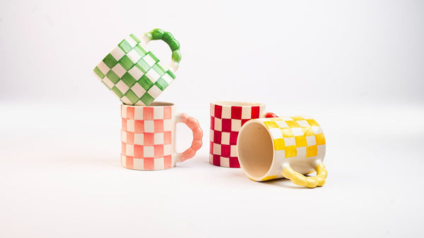 Green Checkered Ceramic Mug, 3x3x3.5 Inches (Set of 2)