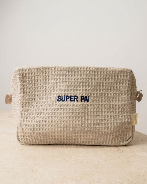 Beige Cotton Honeycomb Toiletry Bag, Super Dad
