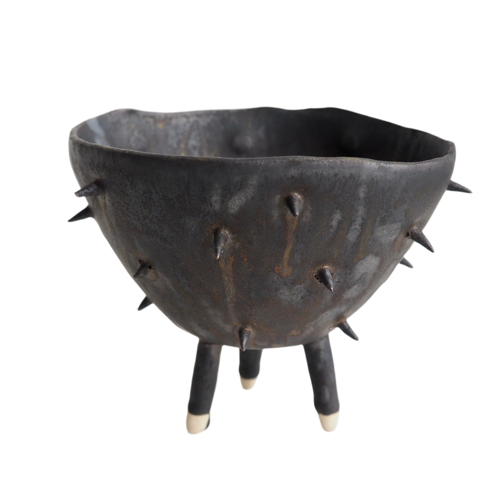 Handmade Metallic Black Gold Ceramic Tripod Spiky Planter