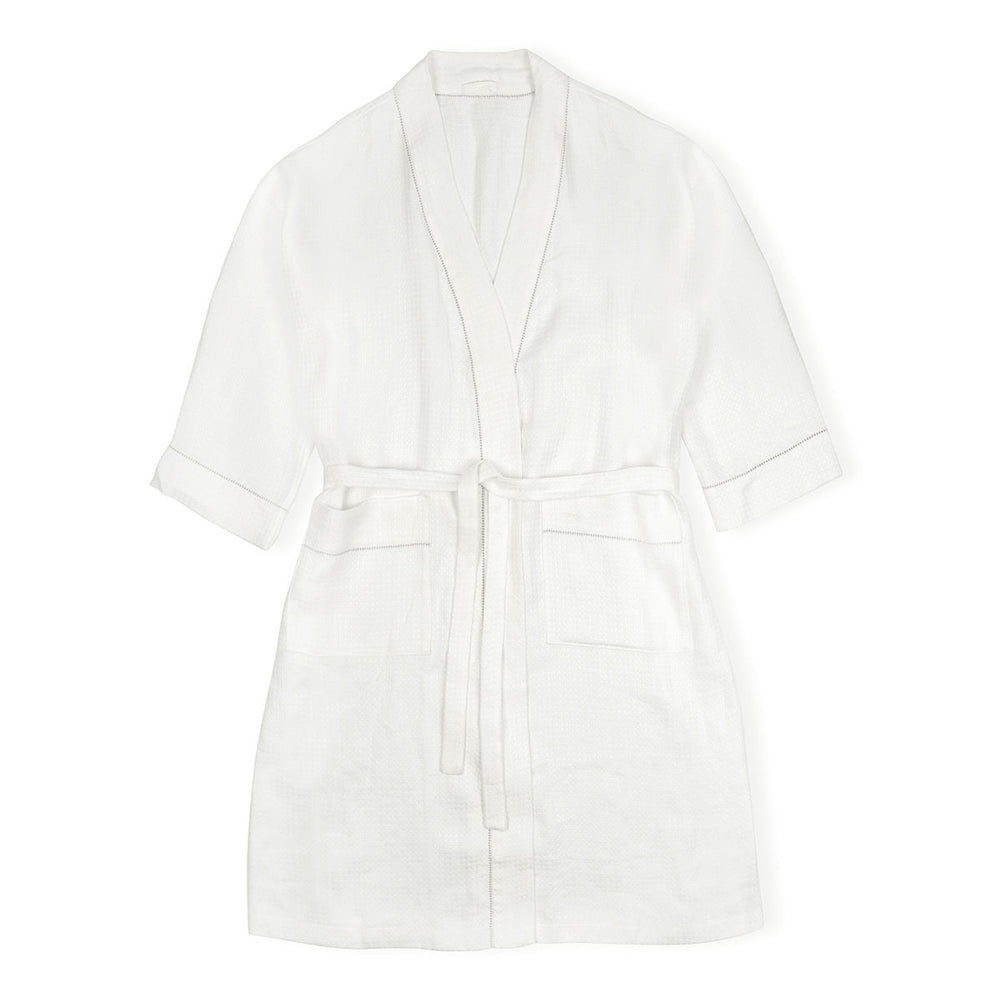 Personalised Two Initial Liège Robe in Ivory White Waffle with Parma Grey Hemstitch