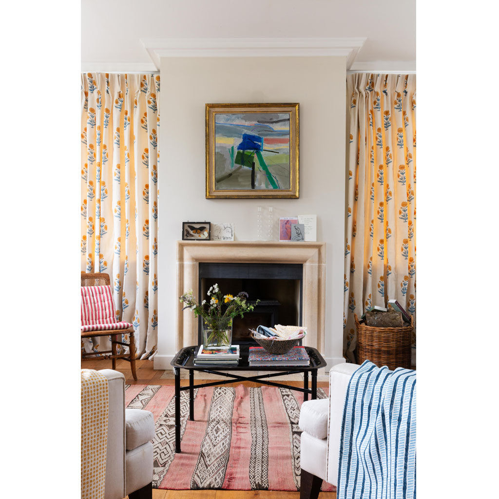 Poppy Block Printed Fabric Linen Mustard/Sky