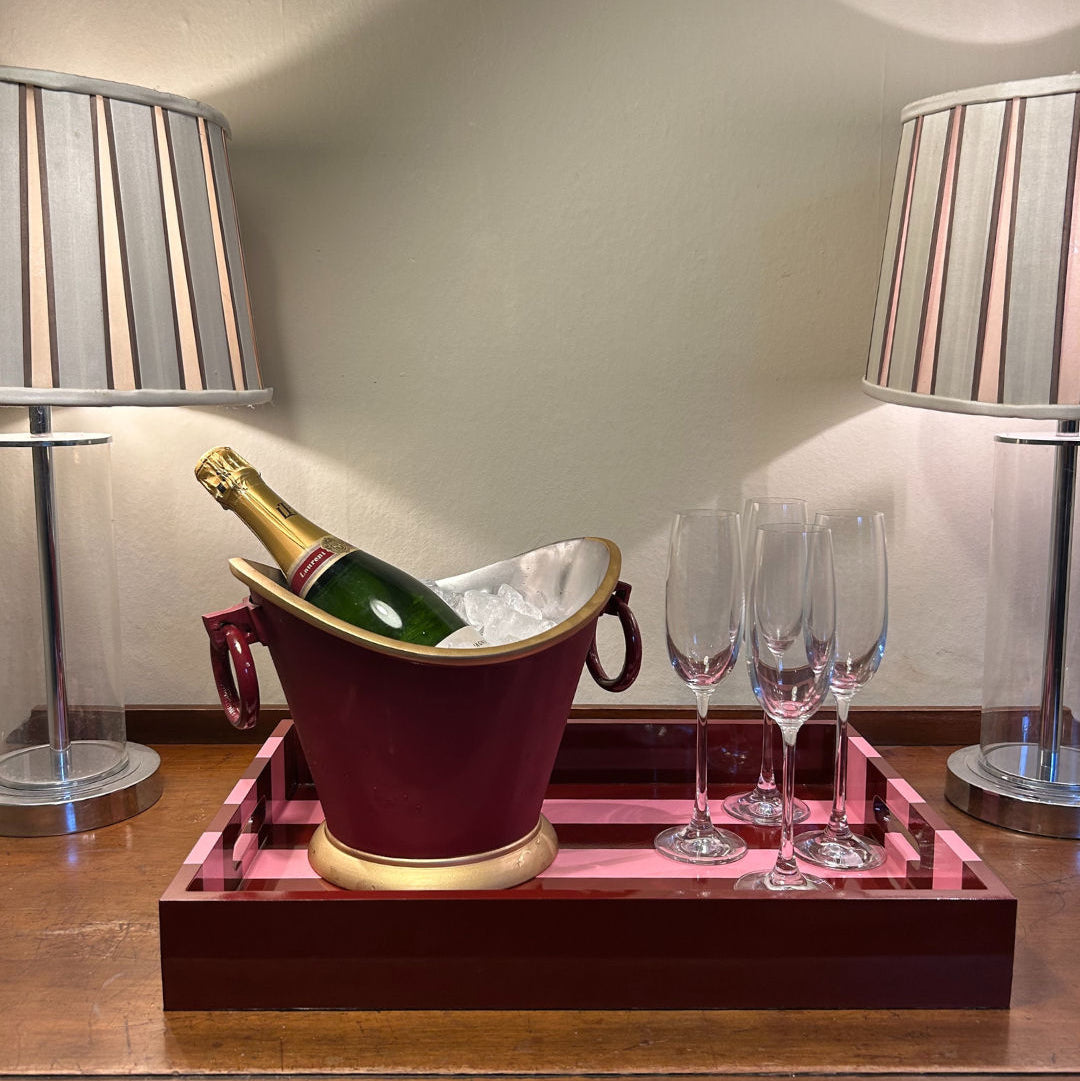 Pink and Red Striped Decorative Tray with Handles