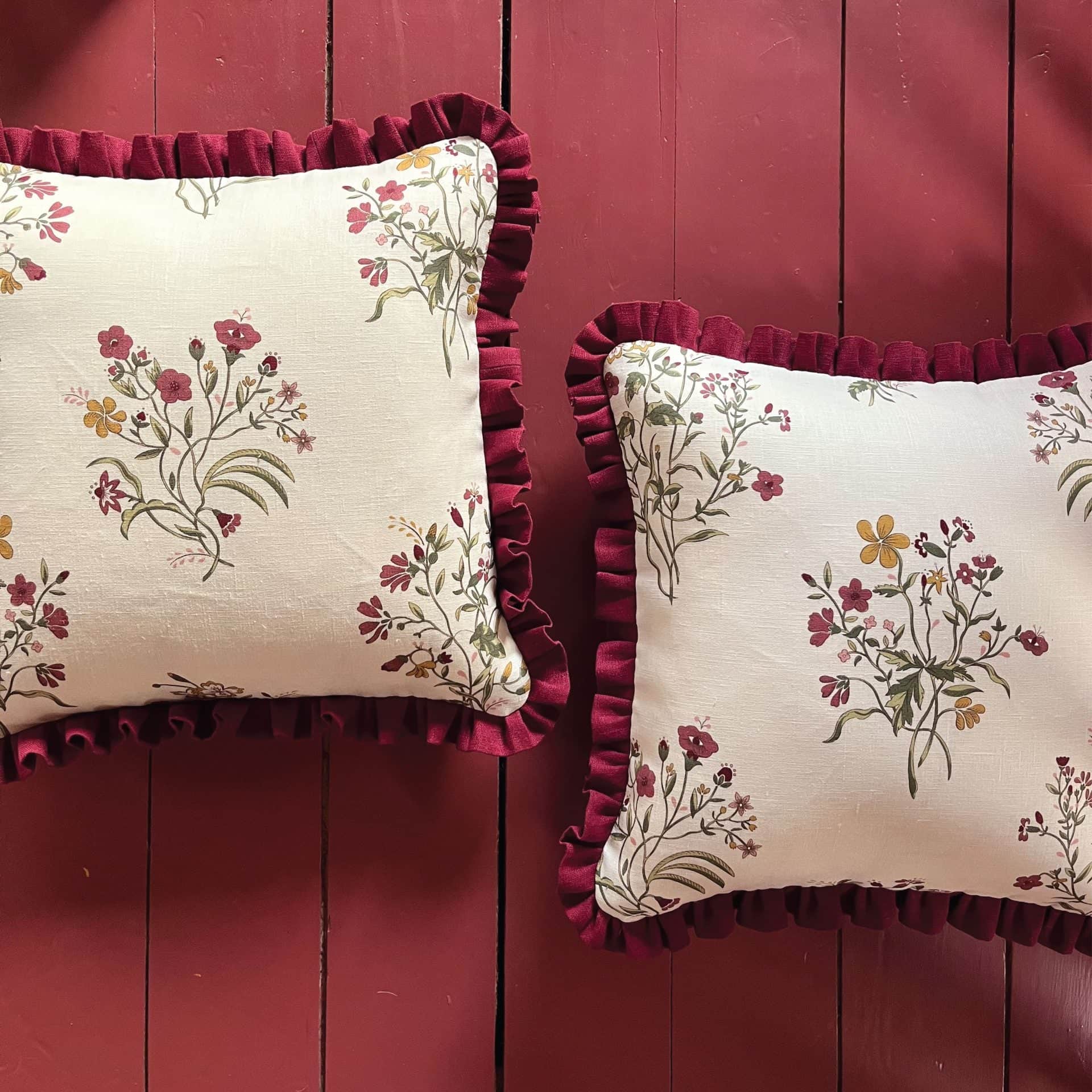 Flax & Field Flower Print Cushion in Scarlet with Scarlet Frill