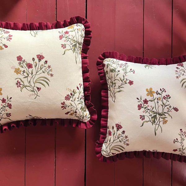 Flax & Field Flower Print Cushion in Scarlet with Scarlet Frill