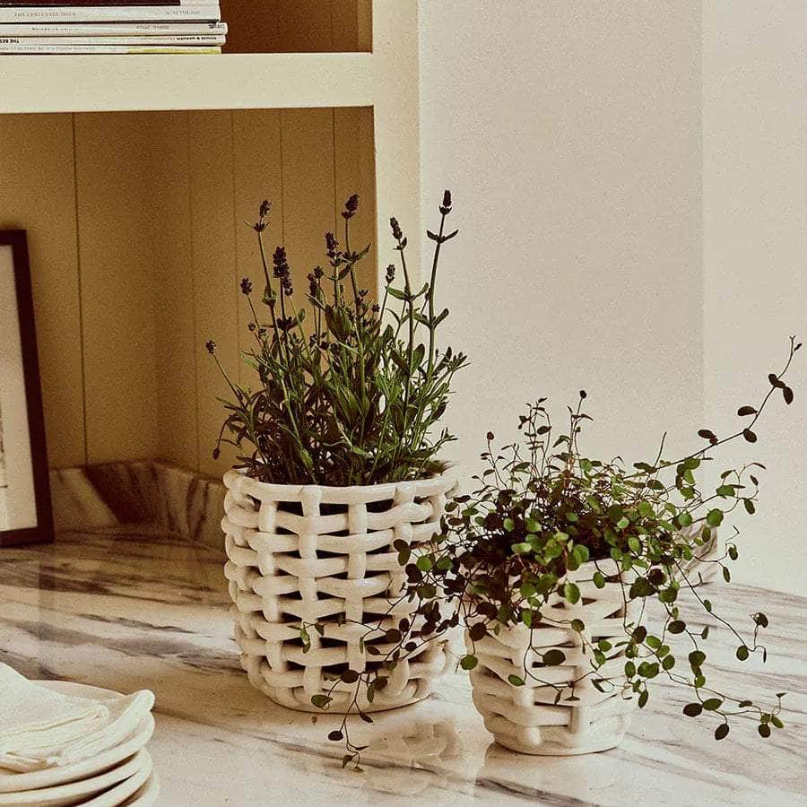 Small White Basketweave Planter