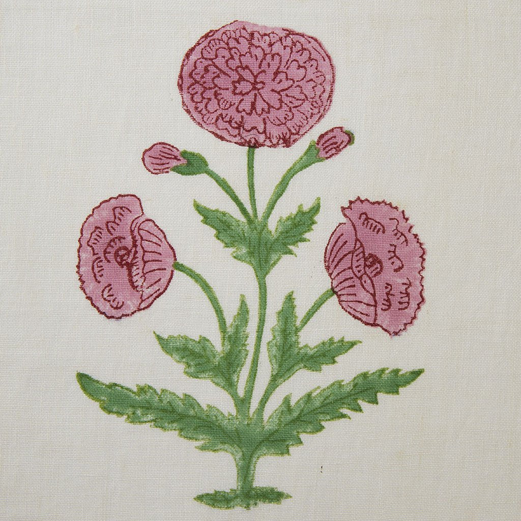 Poppy Block Printed Fabric Linen Rose/Grass