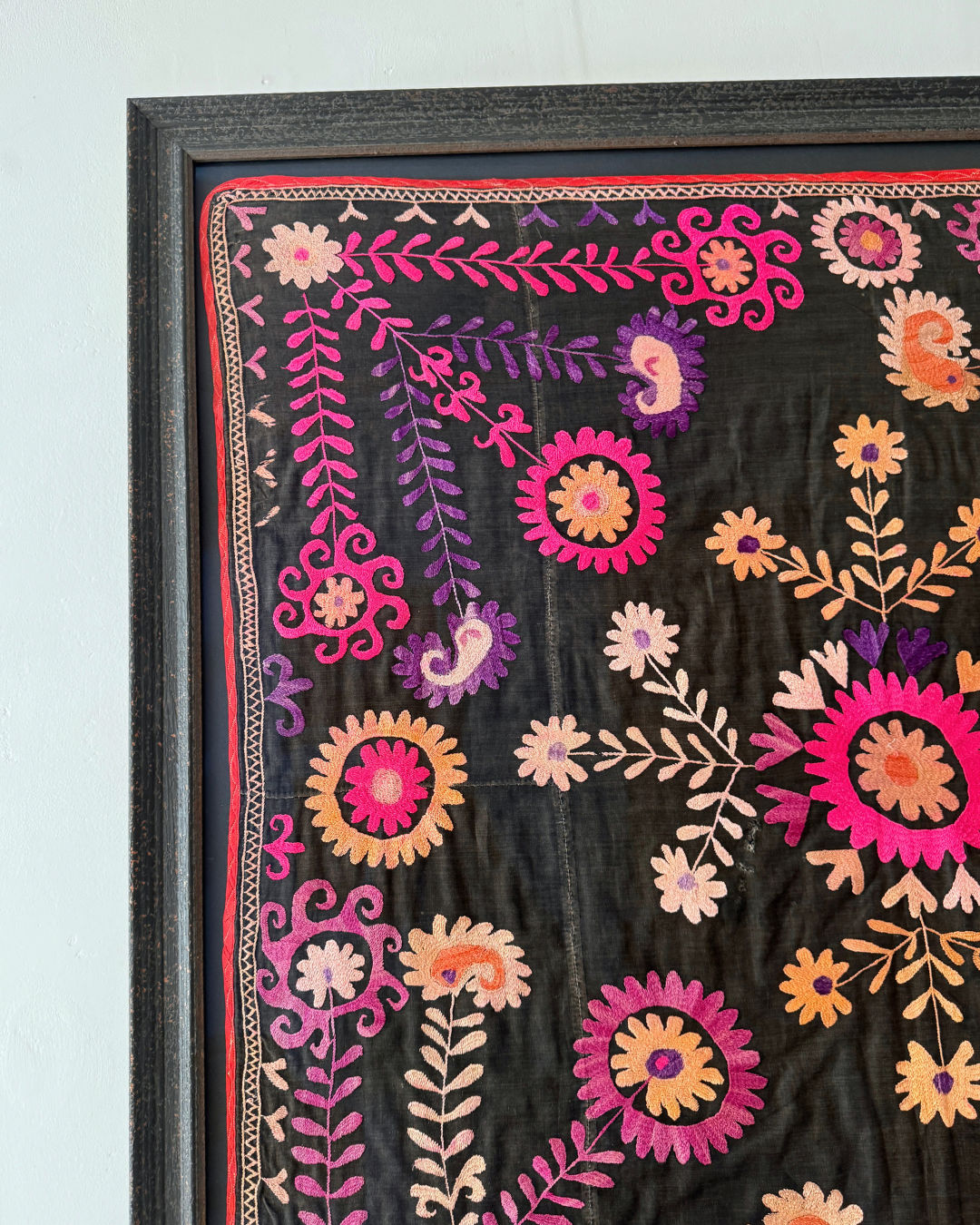 Framed Vintage Medium Black and Pink Suzani
