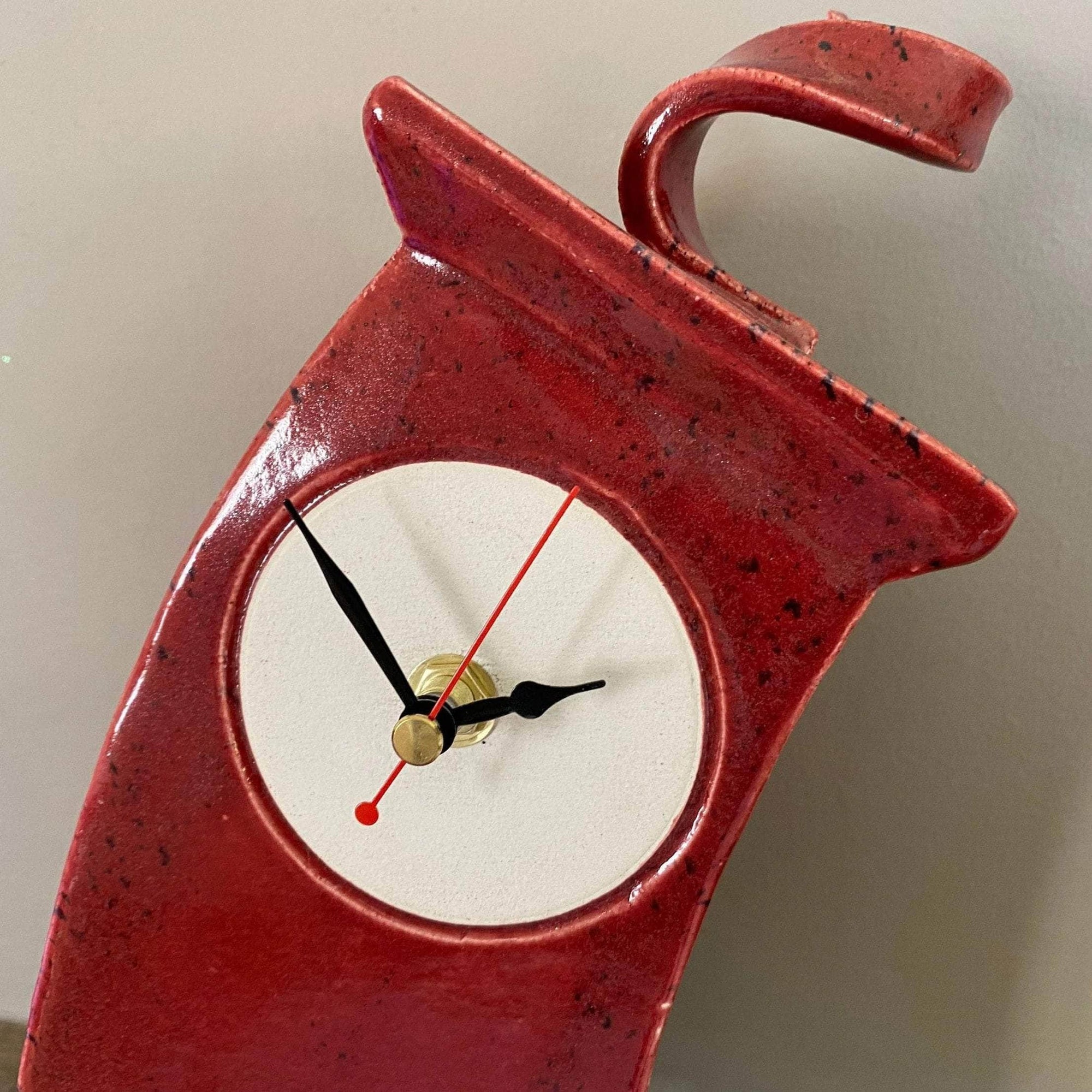 Wonky Ceramic Clock for Desk, Shelf, Mantel, Table speckled red glaze curly top