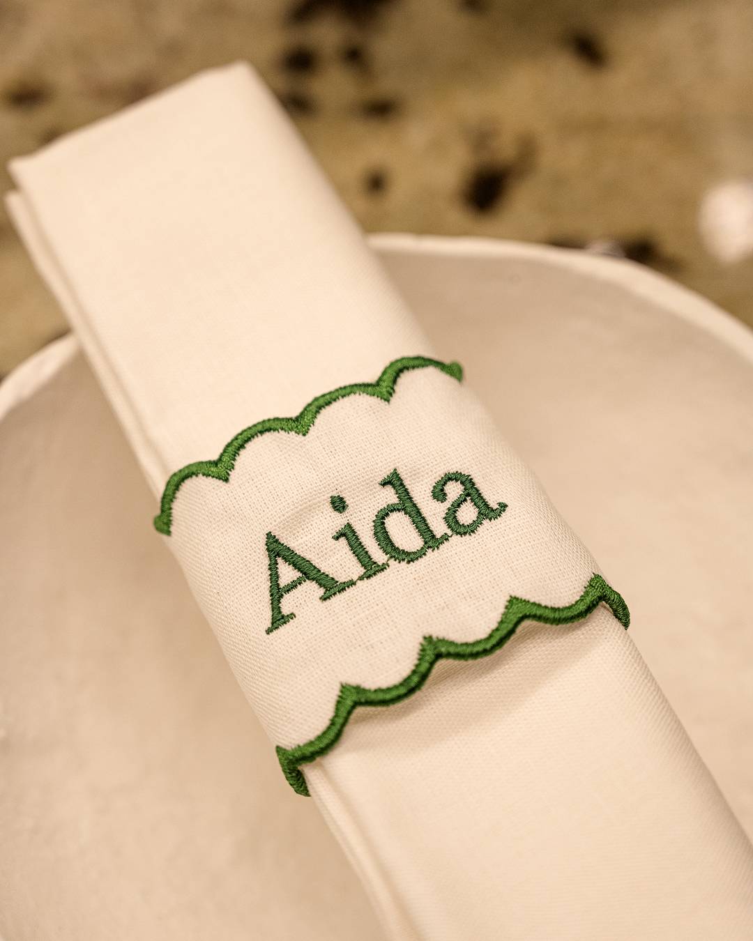Custom White and Green Linen Napkin Ring