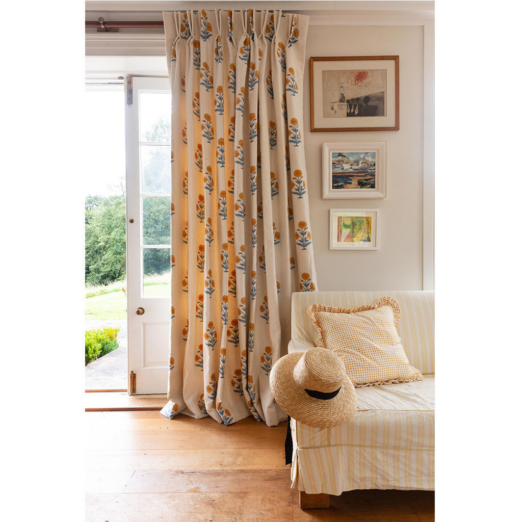 Poppy Block Printed Fabric Linen Mustard/Sky