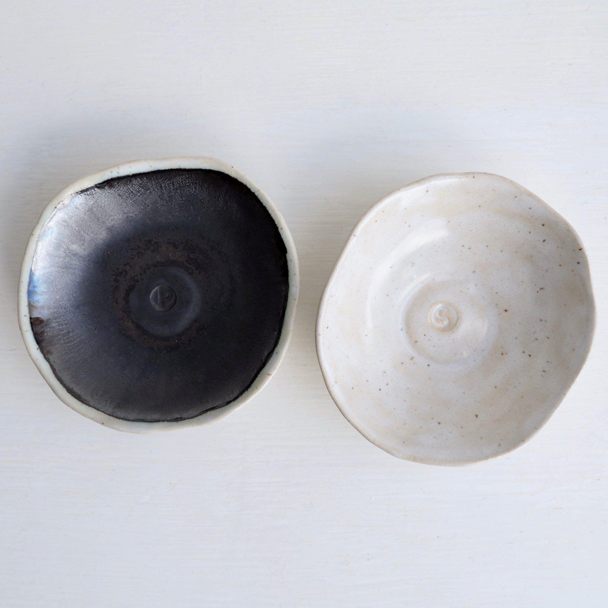 Ceramic Handmade Pair of Black and White Salt + Pepper Dish