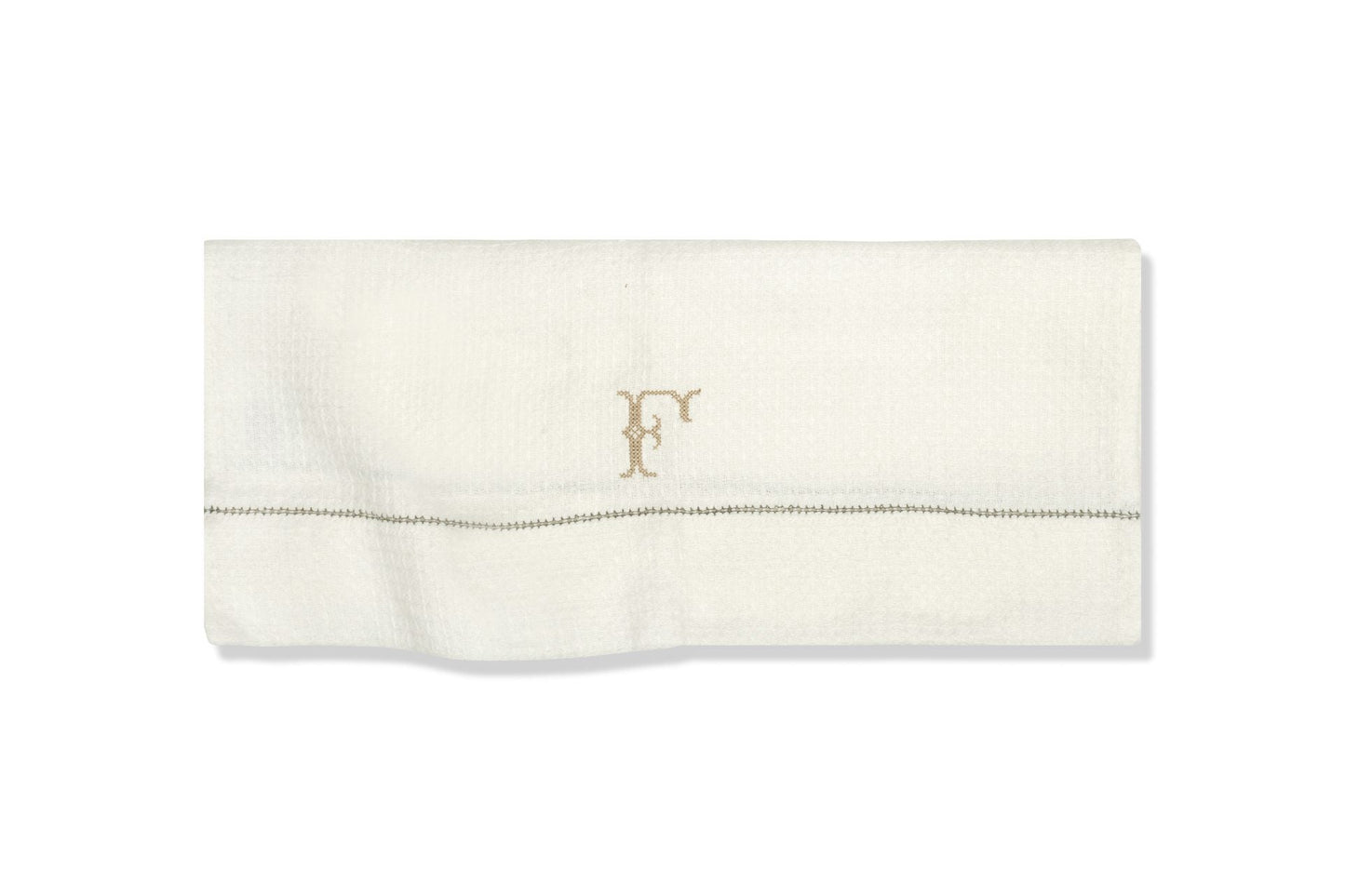 Personalised Liège Hand Towel in Ivory White Waffle with Olive Green Hemstitch