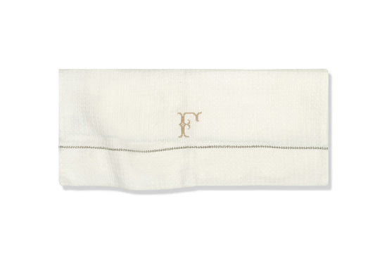 Personalised Liège Hand Towel in Ivory White Waffle with Olive Green Hemstitch