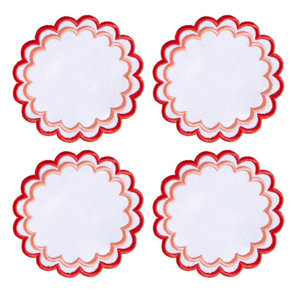 Set of 4 Scalloped Coasters Embroidered Red & Pink